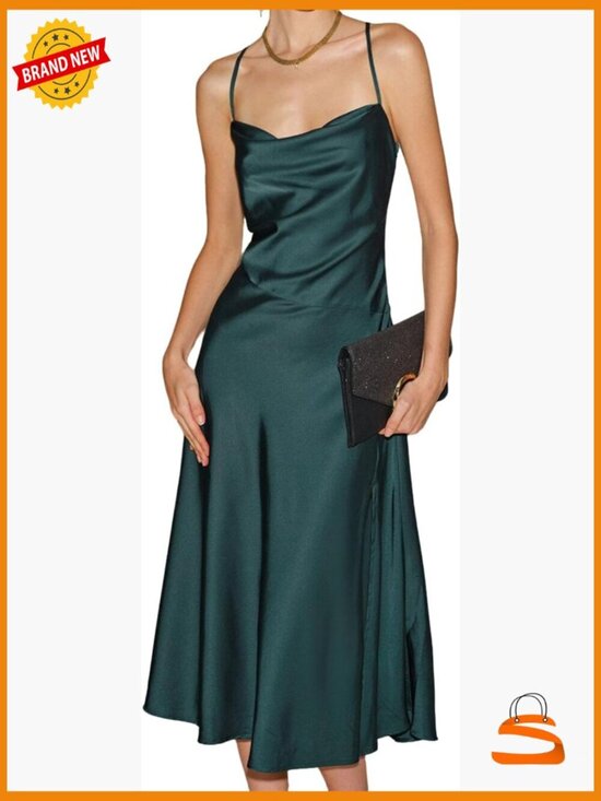 Dresses & Skirts - Satin Cowl Neck Midi Dress with Slit - Elegant Formal Guest Dress